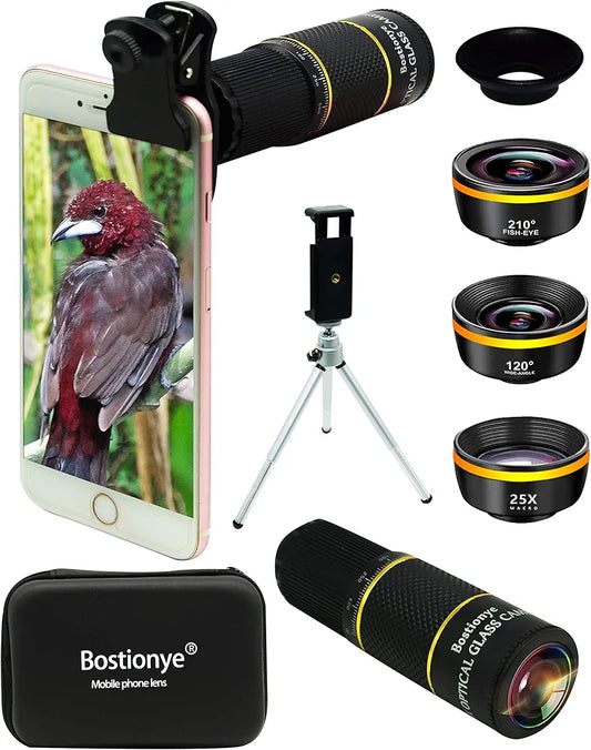 Bostionye Phone Camera Lens Kit 4 in 1 for iPhone Samsung Pixel Android, 22X Telephoto Lens,120°Super Wide Angle&25X Macro Lens,210°Fisheye Lens,Phone Holder+Tripod+Eyecup,for Most Smartphone