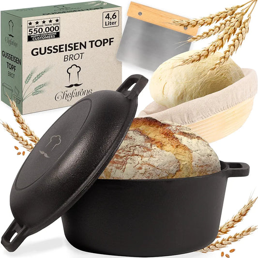 Chefarone Cast Iron Pot 2-in-1 with Proofing Basket and Dough Scraper. Bread Baking Mould with Lid, 4.6 Litres, Roasting Dish with Lid, Oven Safe, Cast Iron Pot, Bread Baking at Home, Cast Iron Pan