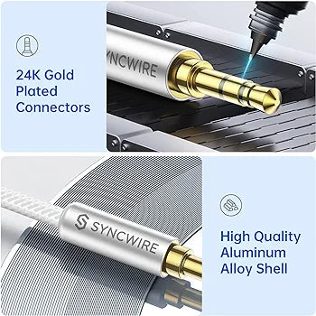 Syncwire 3.5mm Audio Cable, Aux Cable (1.6ft/0.5m) Auxiliary Cord Stereo Jack Male to Male Nylon Braided Audio Cord for Car, Headphone, Home Stereos, Speaker, iPhones,Tablets, Echo&More Silver