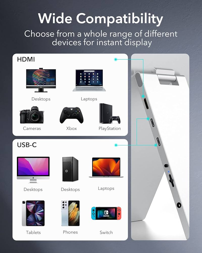 ESR Portable Kickstand Monitor for Laptops, Ultra-Slim 15.6 Inch 1080P External Display with Adjustable Angle, Travel Monitor, Landscape and Portrait View for Laptop/Mac/Tablet/Phone/Switch, Silver