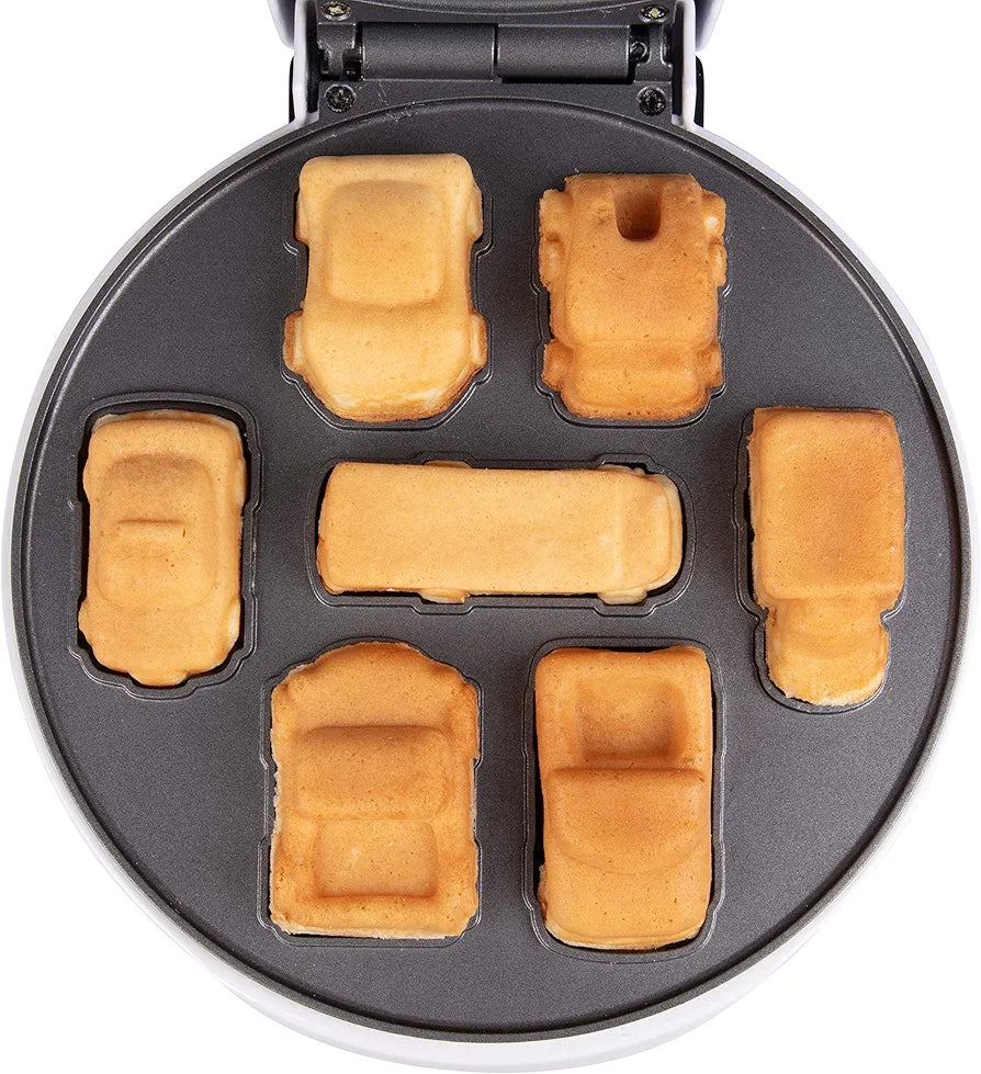 Car Mini Waffle Maker- Make 7 Fun Different Race Cars, Trucks and Automobile Vehicle Shaped Pancakes for Kids, Adults- Electric Waffler Iron, Fun Breakfast Gift- NonStick Pan Cake Baker w Recipe Guide