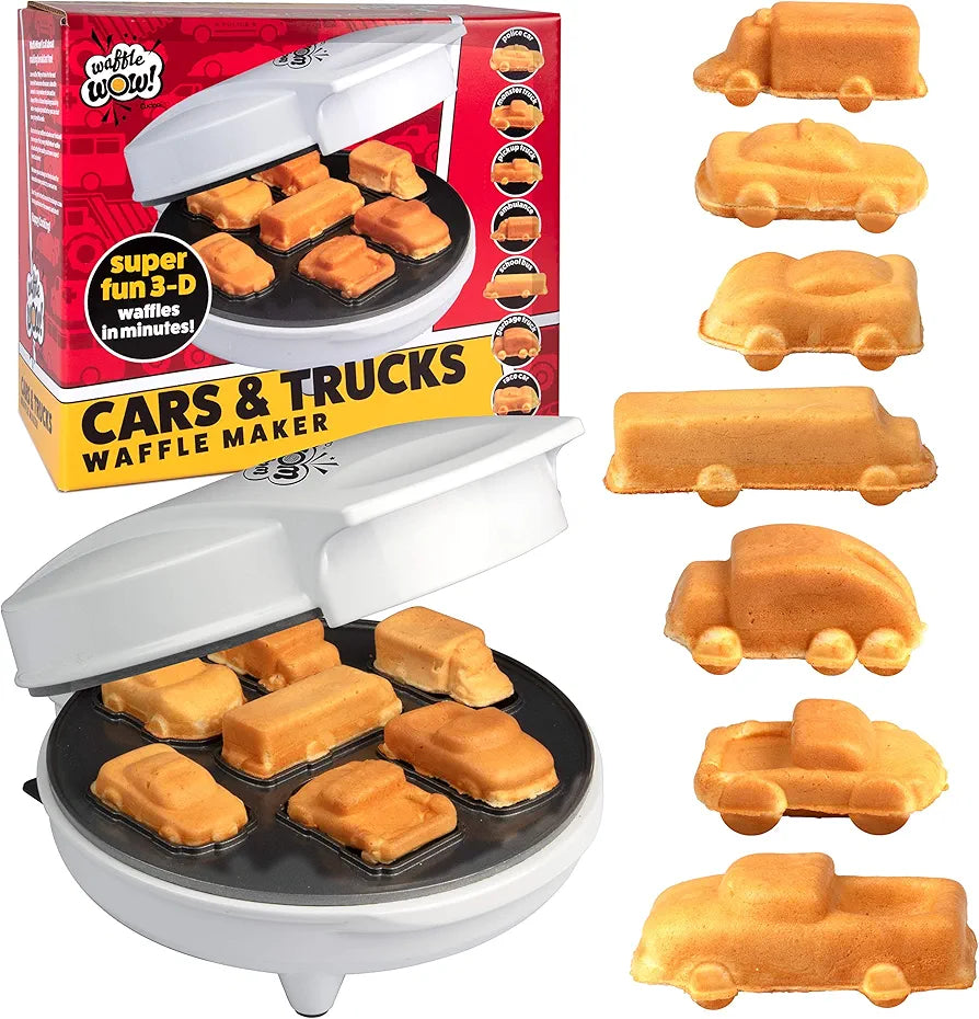 Car Mini Waffle Maker- Make 7 Fun Different Race Cars, Trucks and Automobile Vehicle Shaped Pancakes for Kids, Adults- Electric Waffler Iron, Fun Breakfast Gift- NonStick Pan Cake Baker w Recipe Guide