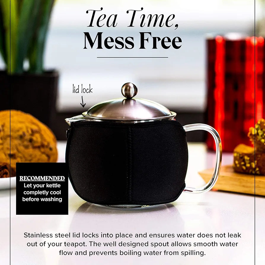 Teapot with Infuser for Loose Tea - 40oz, 3-4 Cup Tea Infuser, Clear Glass Tea Kettle Pot with Strainer & Warmer - Loose Leaf, Iced Tea Maker & Brewer