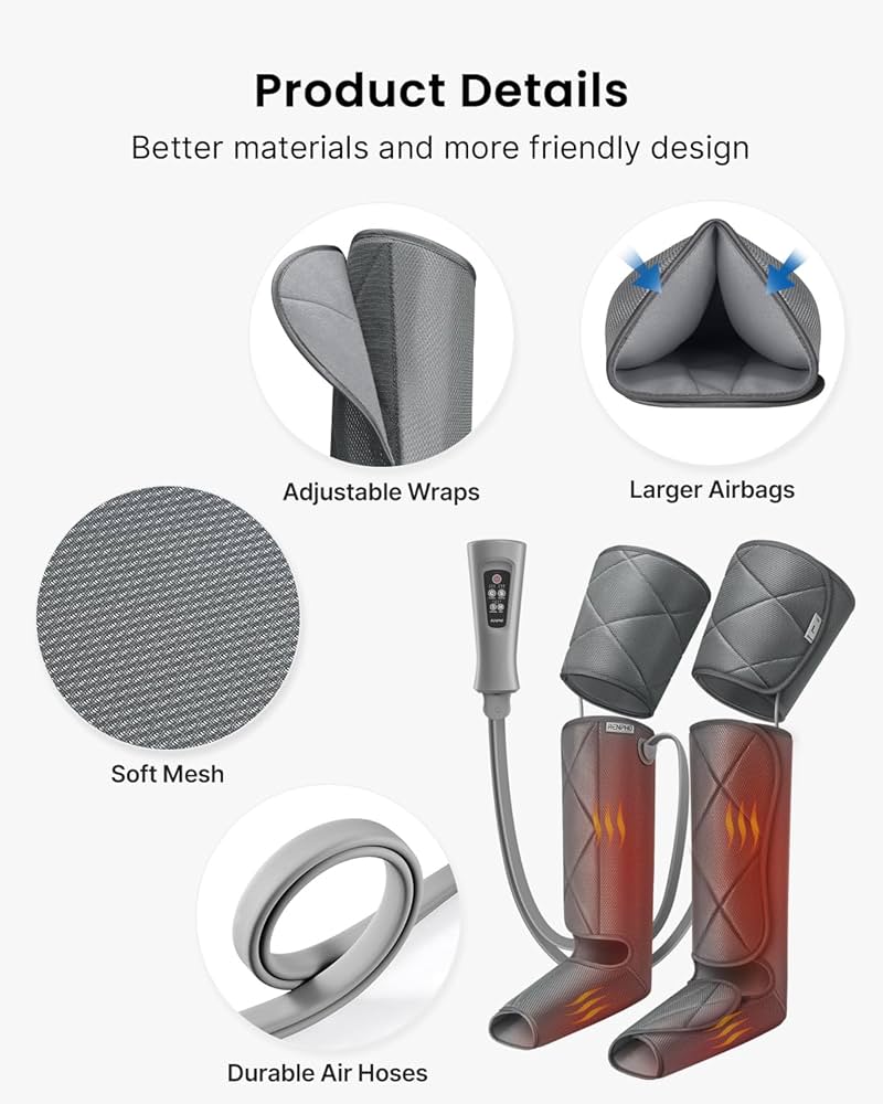 RENPHO Leg Massager with Heat, Compression Calf Thigh Foot Massage, Adjustable Wraps Design for Most Size, with 6 Modes 3 Intensities, Relax Leg Muscle