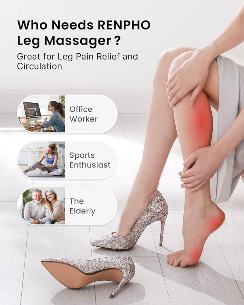 RENPHO Leg Massager with Heat, Compression Calf Thigh Foot Massage, Adjustable Wraps Design for Most Size, with 6 Modes 3 Intensities, Relax Leg Muscle