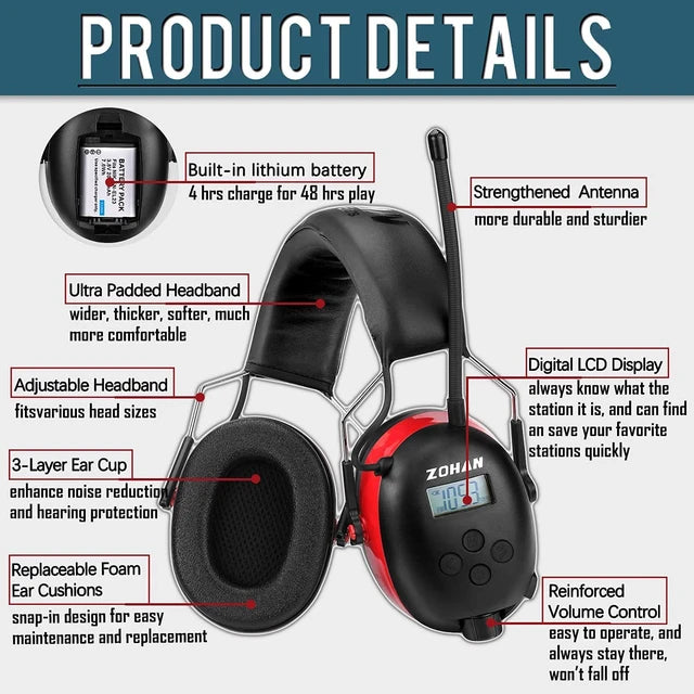 ZOHAN Bluetooth 5.0 Electronic Earmuffs Hearing Protection Noise Reduction FM/AM Ear Protection for Saws NRR25db