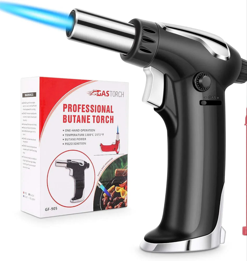 Vimzone Butane Torch, Blow Torch Refillable Kitchen Culinary Torch Lighter with Lock and Adjustable Flame for BBQ, Baking, Brulee Creme and Desserts(Butane Gas Not Included) (Black)