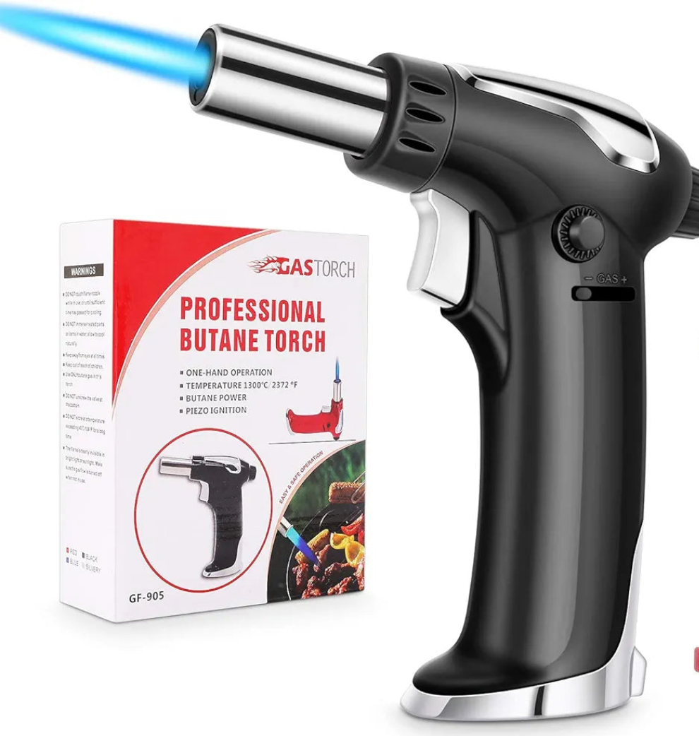 Vimzone Butane Torch, Blow Torch Refillable Kitchen Culinary Torch Lighter with Lock and Adjustable Flame for BBQ, Baking, Brulee Creme and Desserts(Butane Gas Not Included) (Black)