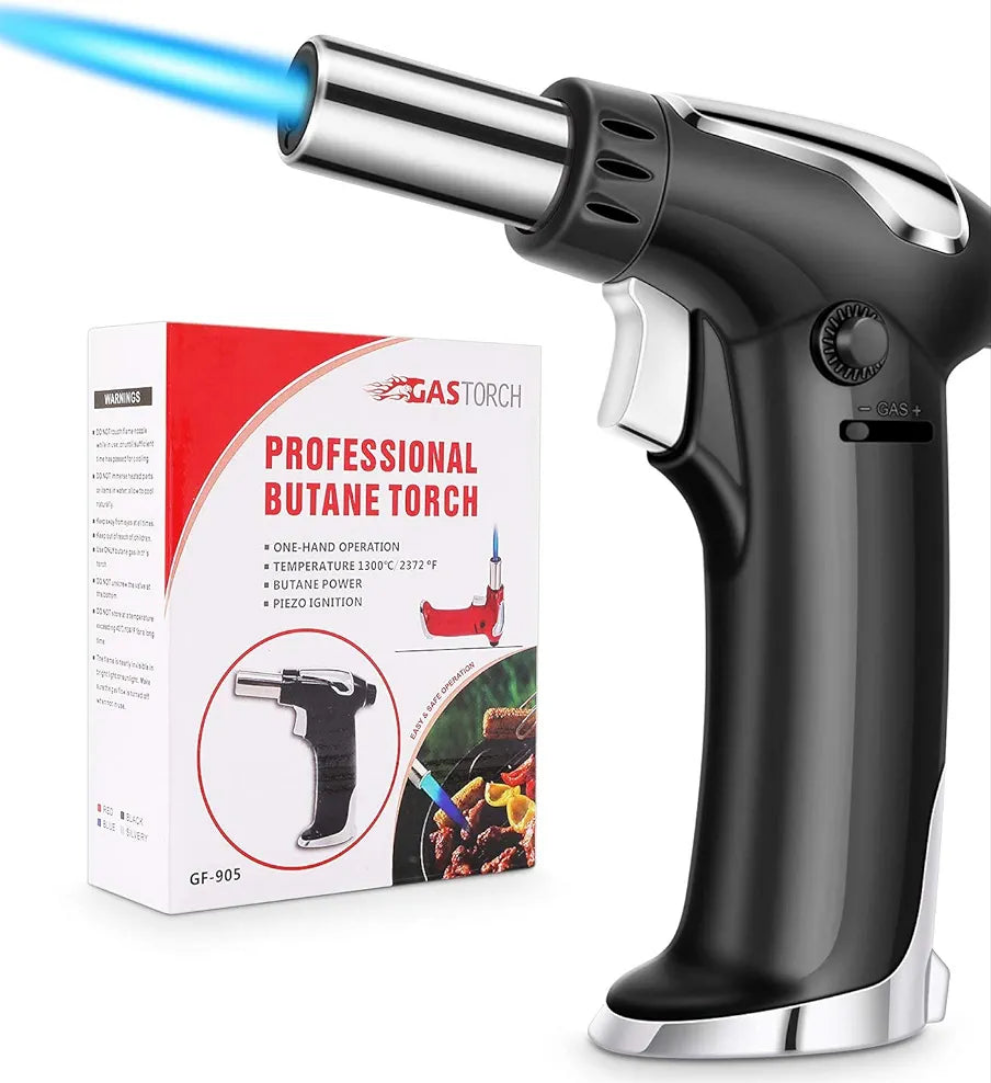 Vimzone Butane Torch, Blow Torch Refillable Kitchen Culinary Torch Lighter with Lock and Adjustable Flame for BBQ, Baking, Brulee Creme and Desserts(Butane Gas Not Included) (Black)