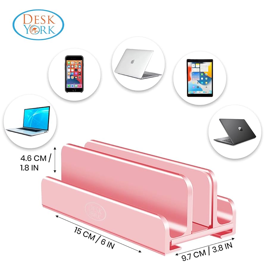 Vertical Laptop Stand by Desk York - Laptop Docking Stand Station - Adjustable Slots Laptop Holder, Fits All Computers, Tablet, Phone, (Rose Gold)
