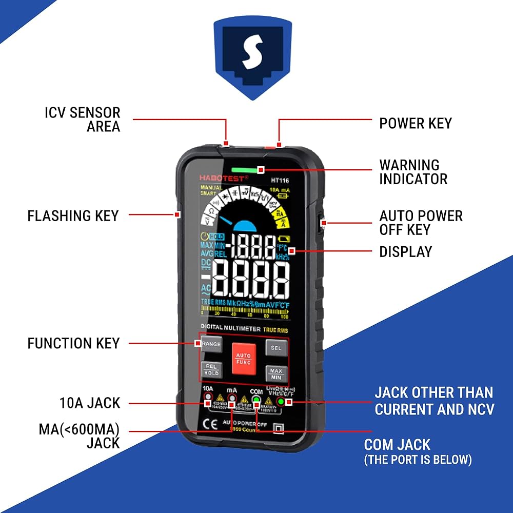 HABOTEST HT116 Digital Multimeter 9999 Counts, True RMS, Auto-Off, DC/AC Voltage, Current, Resistance, Continuity, Capacitance, Ohms, Frequency, Diodes, NCV, and Temperature