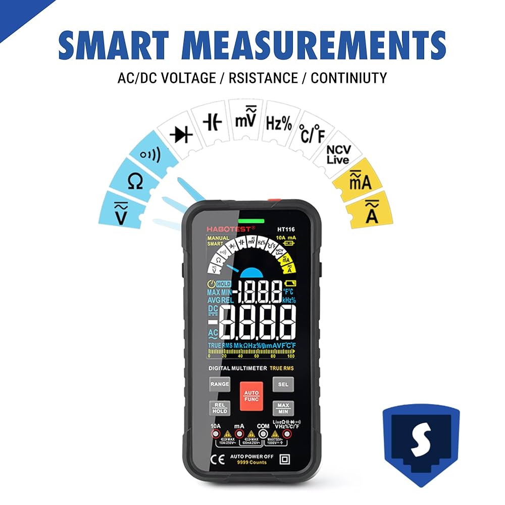 HABOTEST HT116 Digital Multimeter 9999 Counts, True RMS, Auto-Off, DC/AC Voltage, Current, Resistance, Continuity, Capacitance, Ohms, Frequency, Diodes, NCV, and Temperature