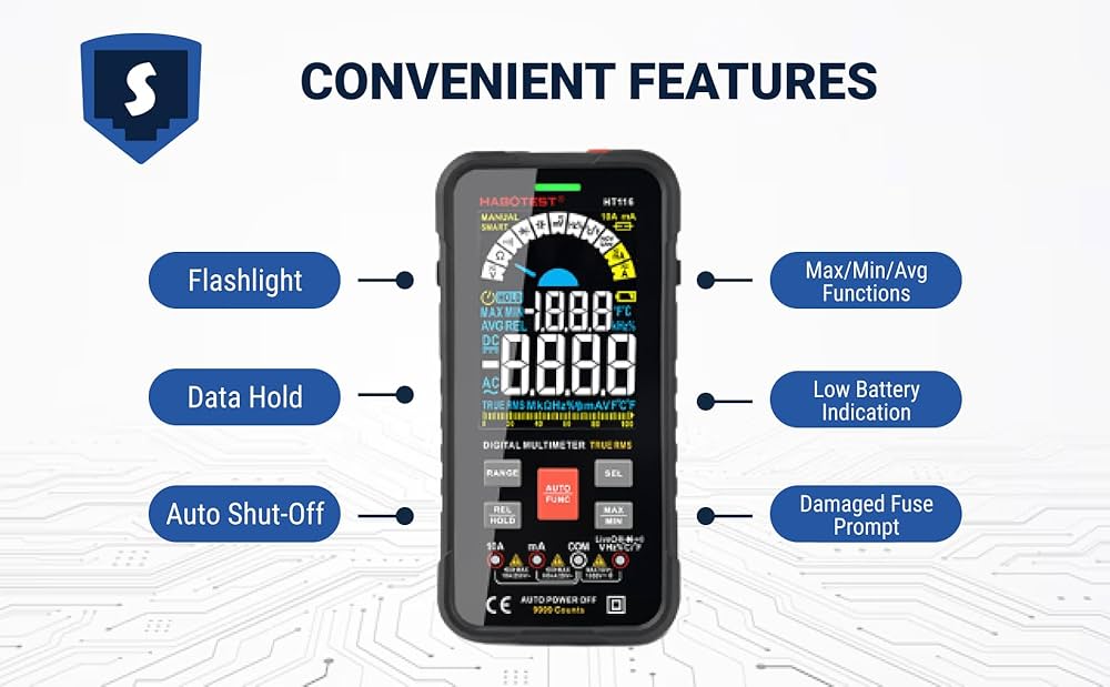 HABOTEST HT116 Digital Multimeter 9999 Counts, True RMS, Auto-Off, DC/AC Voltage, Current, Resistance, Continuity, Capacitance, Ohms, Frequency, Diodes, NCV, and Temperature