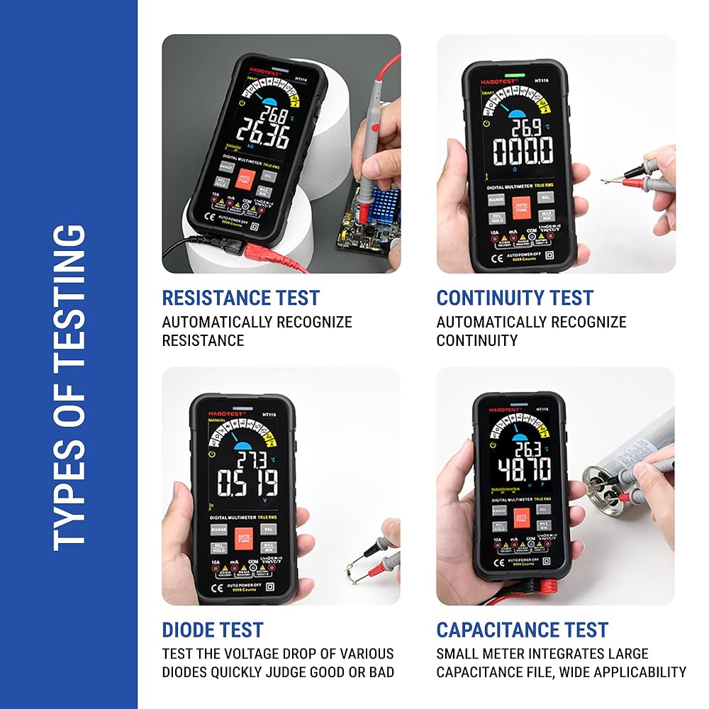 HABOTEST HT116 Digital Multimeter 9999 Counts, True RMS, Auto-Off, DC/AC Voltage, Current, Resistance, Continuity, Capacitance, Ohms, Frequency, Diodes, NCV, and Temperature
