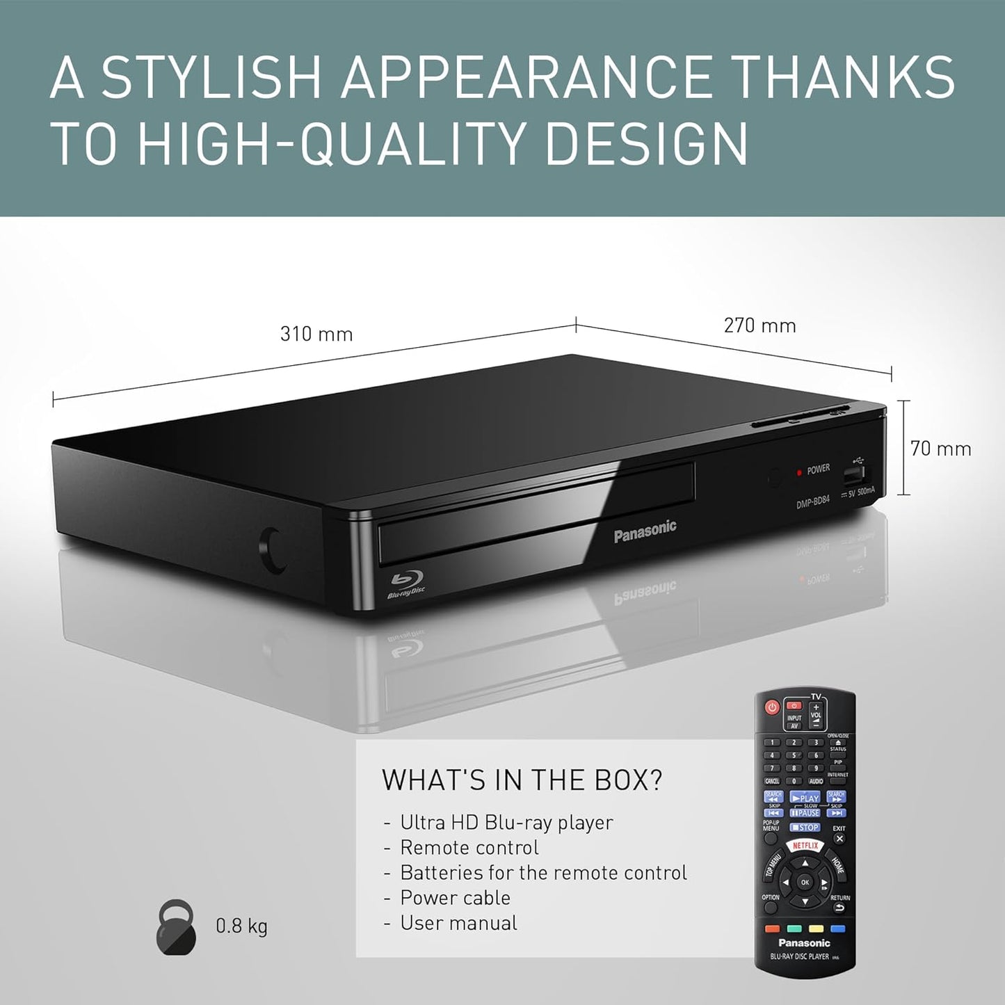 Panasonic Blu Ray DVD Player with Full HD Picture Quality and Hi-Res Dolby Digital Sound, DMP-BD84P-K, Black