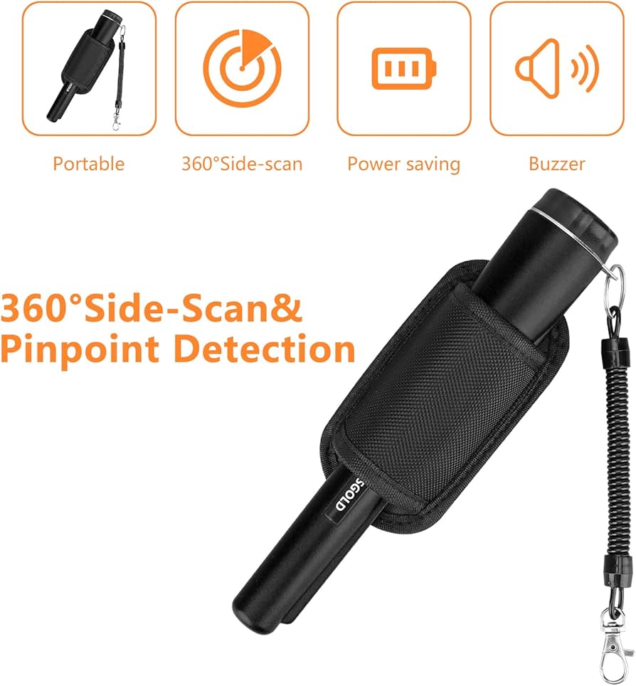 Metal Detector Pinpointing,Waterproof Pinpointer 360 Degree Search Gold&Treasure Finder with Belt Holster &LED Indicator& Buzzer Vibration, for Adults and Kids(Black)