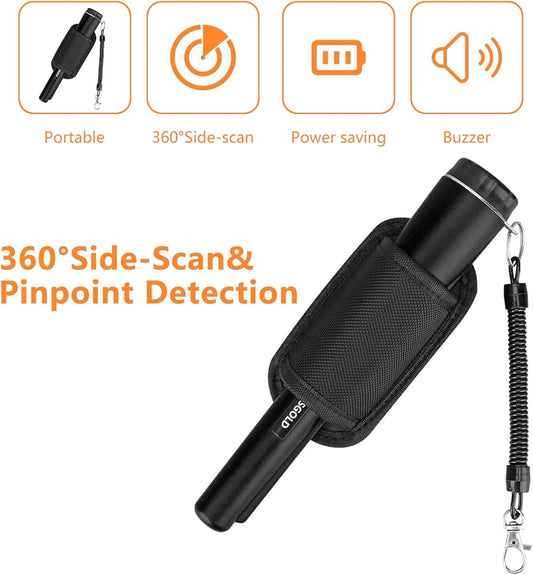 Metal Detector Pinpointing,Waterproof Pinpointer 360 Degree Search Gold&Treasure Finder with Belt Holster &LED Indicator& Buzzer Vibration, for Adults and Kids(Black)