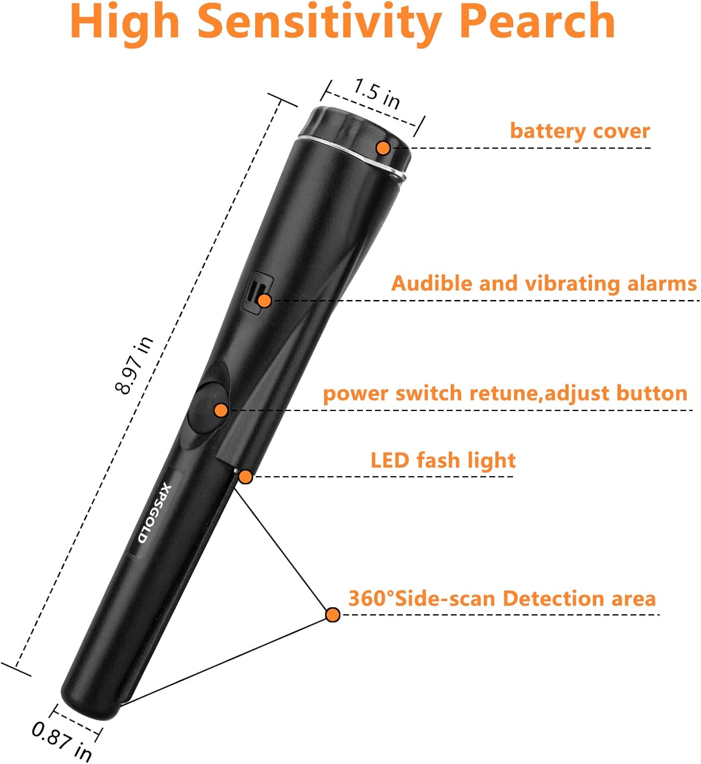 Metal Detector Pinpointing,Waterproof Pinpointer 360 Degree Search Gold&Treasure Finder with Belt Holster &LED Indicator& Buzzer Vibration, for Adults and Kids(Black)