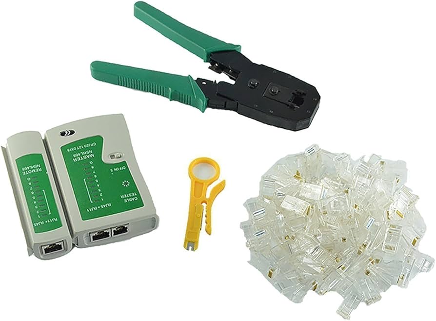 Cable Tester 4 in 1  + Crimping Tool + Wire Stripper + 100 RJ45 CAT5 CAT5e Connector Connector Network Tool Kits