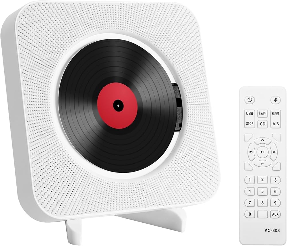 Desktop Portable CD Player  kc-808 with Bluetooth and remote- Multifuctional Wall Mounted Built in HiFi Speakers aAudio Boombox Control Input Output with Pulling Switch