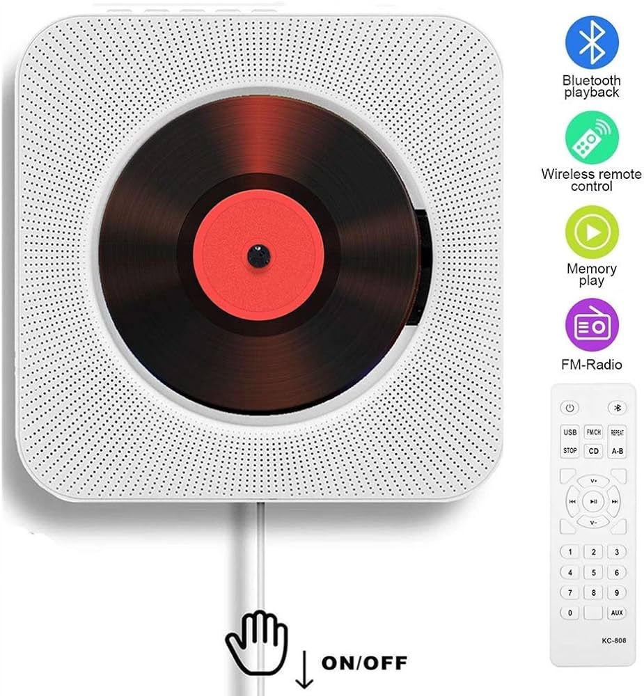 Desktop Portable CD Player  kc-808 with Bluetooth and remote- Multifuctional Wall Mounted Built in HiFi Speakers aAudio Boombox Control Input Output with Pulling Switch