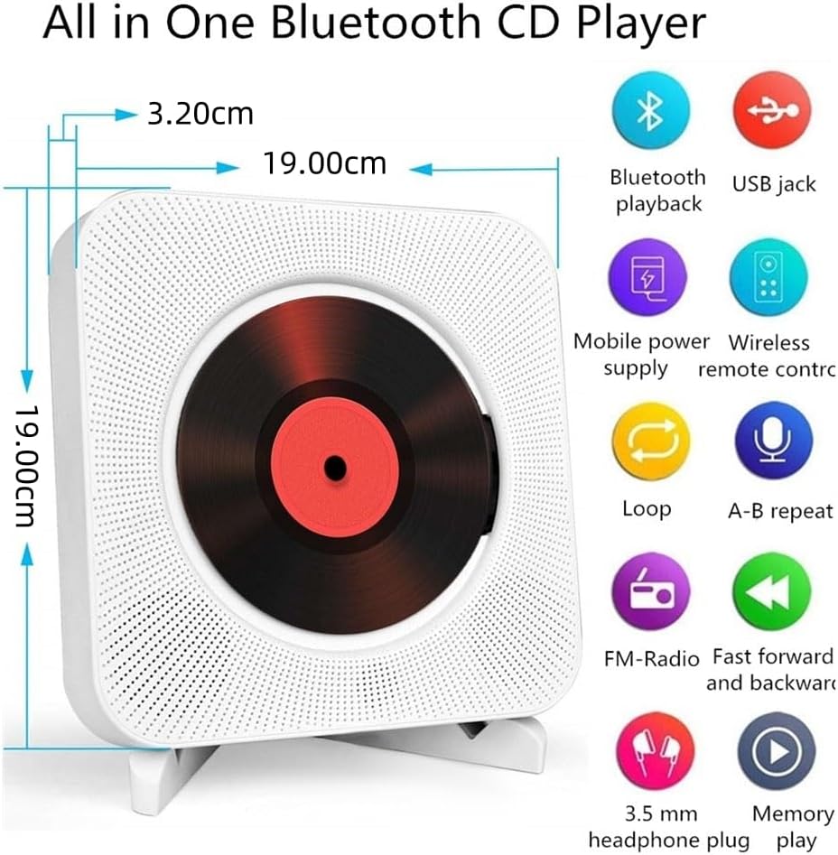 Desktop Portable CD Player  kc-808 with Bluetooth and remote- Multifuctional Wall Mounted Built in HiFi Speakers aAudio Boombox Control Input Output with Pulling Switch