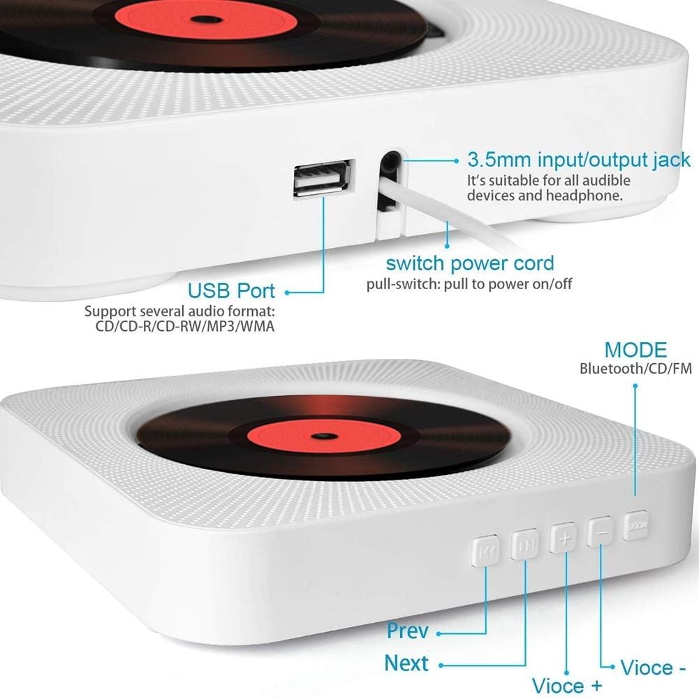 Desktop Portable CD Player  kc-808 with Bluetooth and remote- Multifuctional Wall Mounted Built in HiFi Speakers aAudio Boombox Control Input Output with Pulling Switch