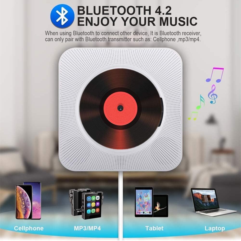 Desktop Portable CD Player  kc-808 with Bluetooth and remote- Multifuctional Wall Mounted Built in HiFi Speakers aAudio Boombox Control Input Output with Pulling Switch