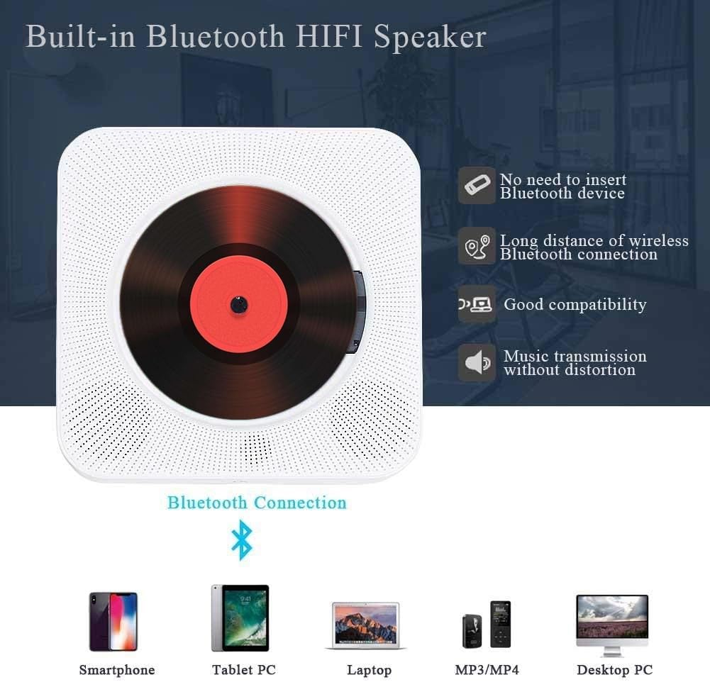 Desktop Portable CD Player  kc-808 with Bluetooth and remote- Multifuctional Wall Mounted Built in HiFi Speakers aAudio Boombox Control Input Output with Pulling Switch