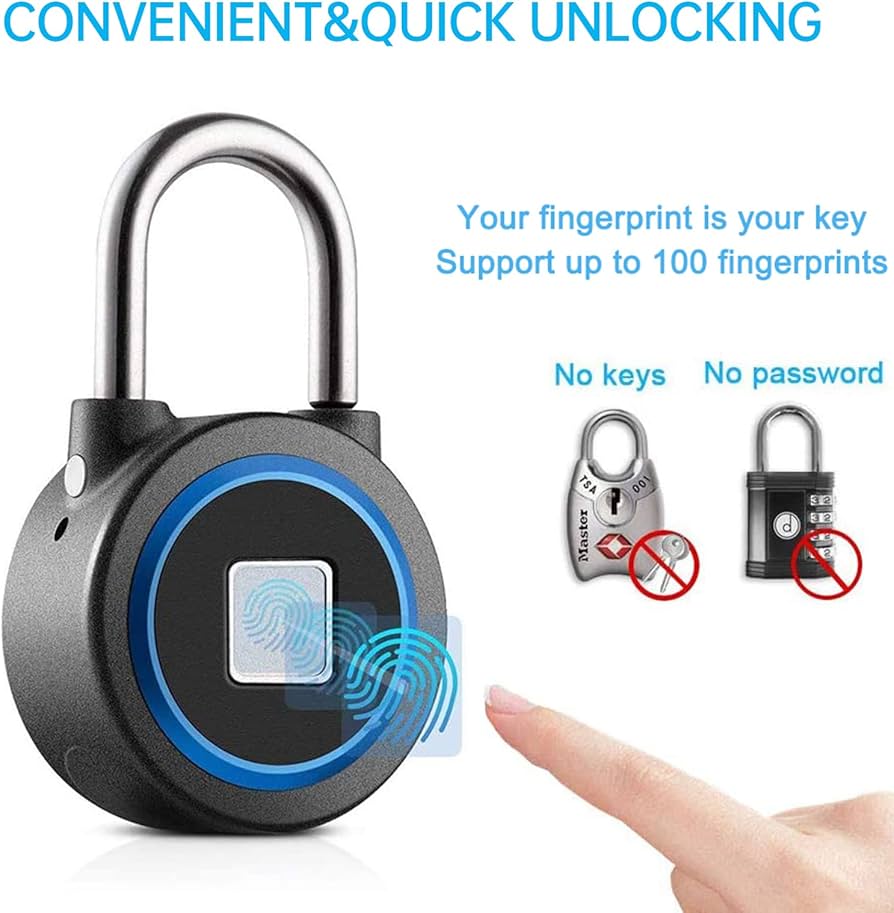 Fingerprint Padlock, Bluetooth Lock, Mobile APP, MEGAFEIS Smart Padlock with Keyless Biometric, Water Resistant, Suitable for Gym, Sports, Bike, School, Fence and Storage(Blue)