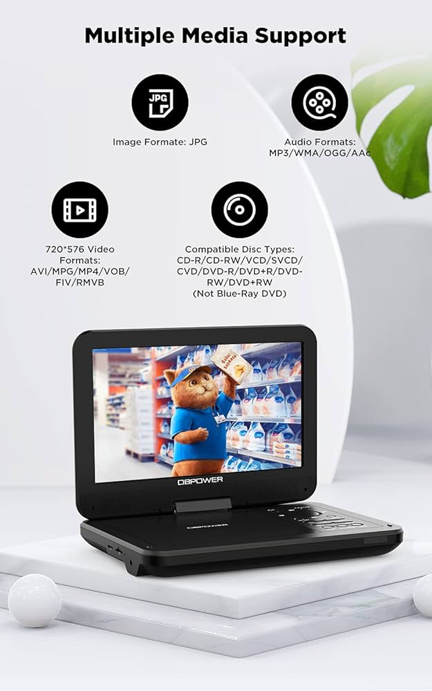 DBPOWER 12.5" Portable DVD Player with 10.5" Swivel Screen Car Built-in 5 Hours Rechargeable Battery, Supports All-Region, Earphone/SD Card/USB/AV-in/AV-out, Direct Play in Formats AVI/RMVB/MP3/JPEG