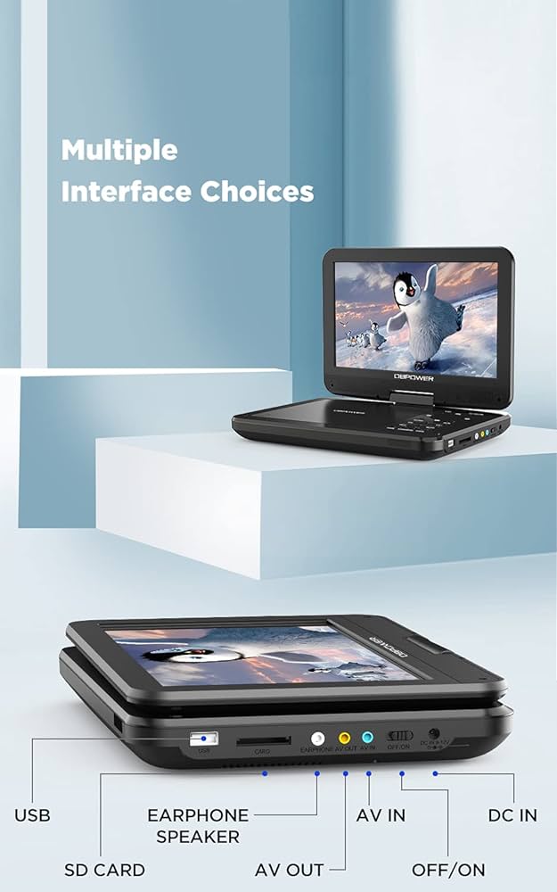 DBPOWER 12.5" Portable DVD Player with 10.5" Swivel Screen Car Built-in 5 Hours Rechargeable Battery, Supports All-Region, Earphone/SD Card/USB/AV-in/AV-out, Direct Play in Formats AVI/RMVB/MP3/JPEG