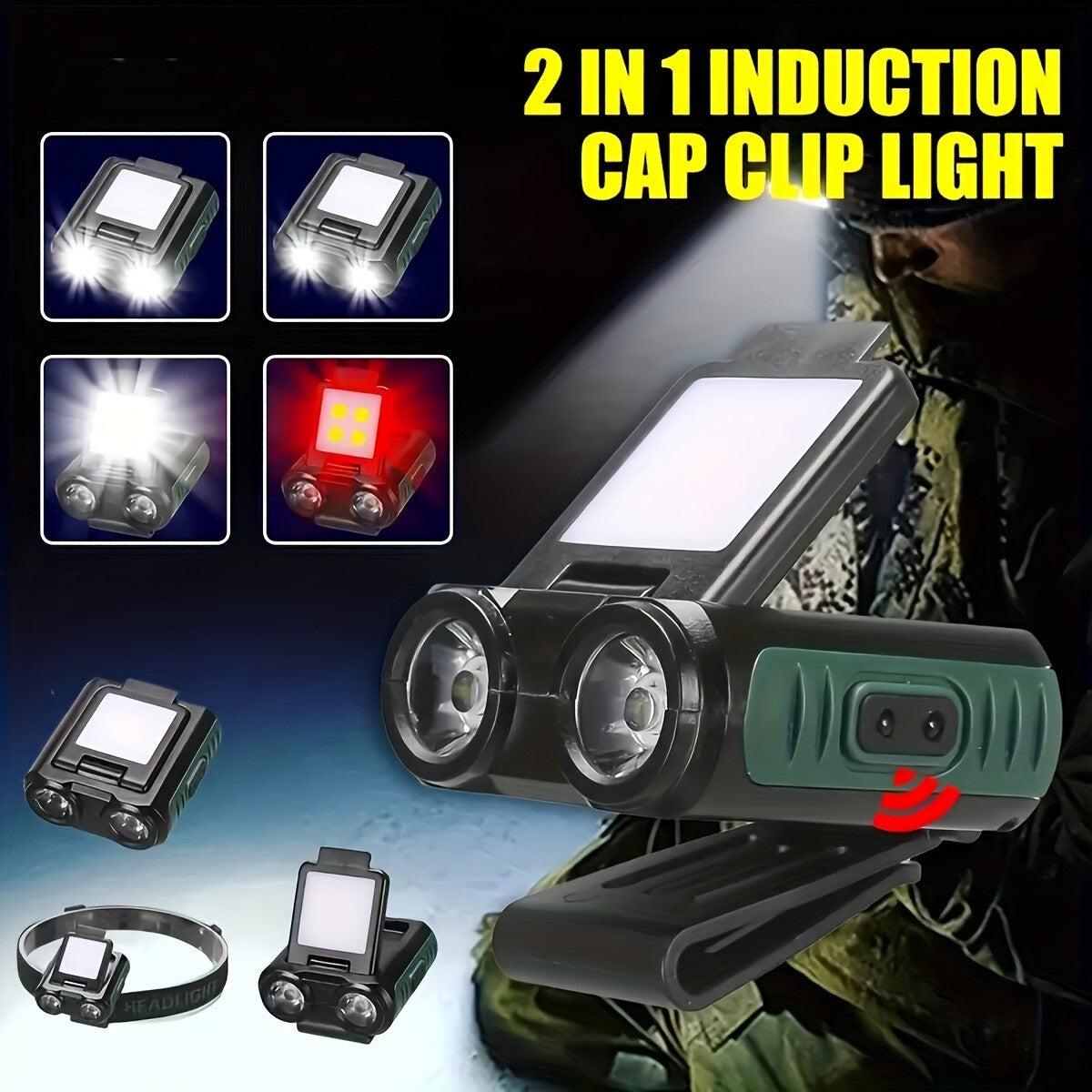 LED Rechargeable Cap-Clip on Head Lamp Headlight Hat Sensor Torch Light-Camping