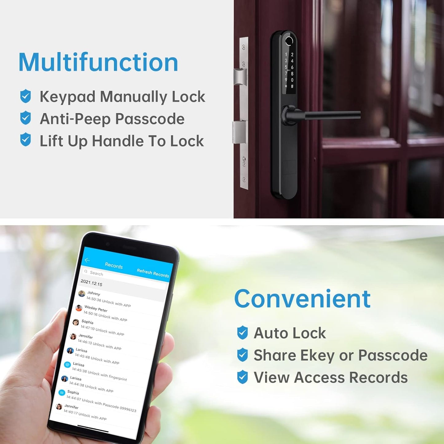 Ruveno Slim Smart Fingerprint Keyless Entry,Bluetooth Fingerprint Keypad Card Door Lock