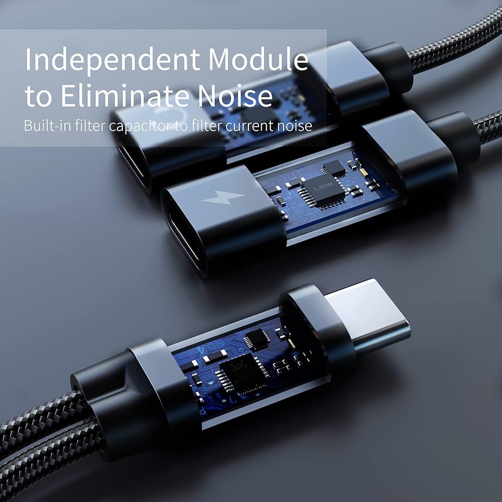 Dual USB C Headphones and Charger Adapter, 2-in-1 Hi-Res Audio