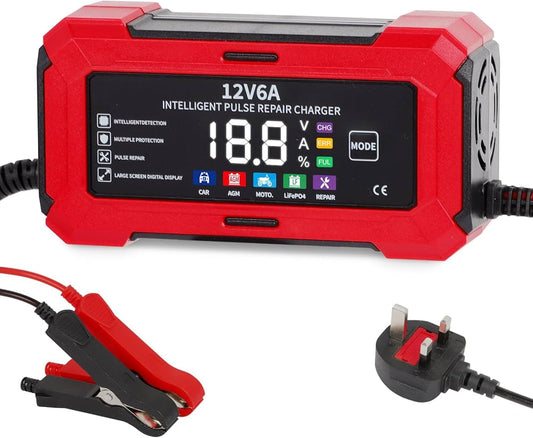 Smart Car Battery Charger 12V 6A , Portable Trickle Charger and Maintainer with Full Protection & Fan Cooling Design for Automotive, Motorcycle, Motorbike, AGM, LiFePO4, Start-Stop Batteries