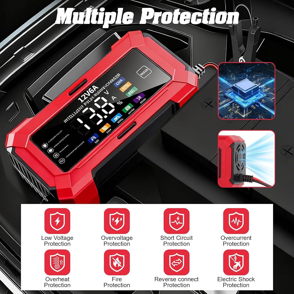 Smart Car Battery Charger 12V 6A , Portable Trickle Charger and Maintainer with Full Protection & Fan Cooling Design for Automotive, Motorcycle, Motorbike, AGM, LiFePO4, Start-Stop Batteries