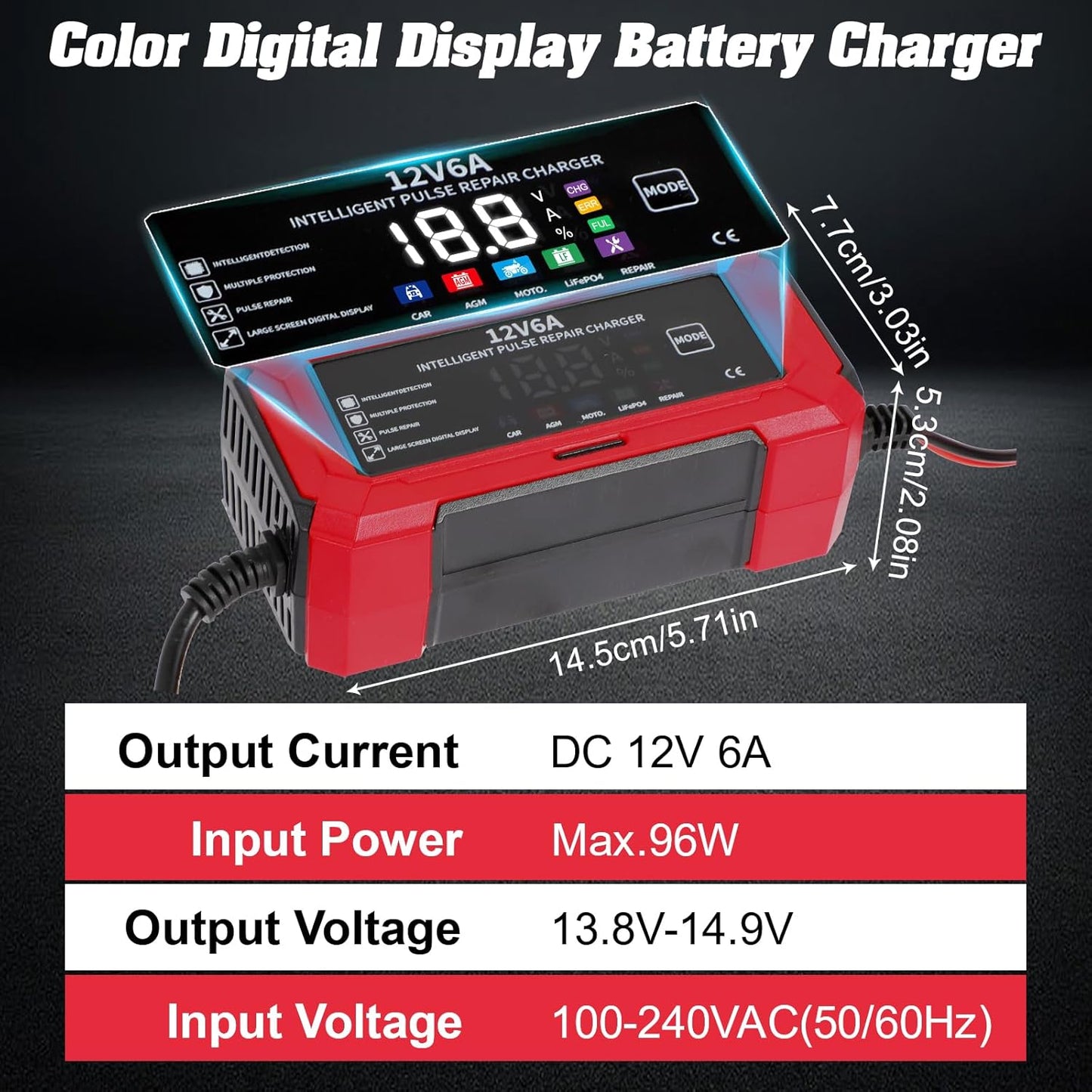 Smart Car Battery Charger 12V 6A , Portable Trickle Charger and Maintainer with Full Protection & Fan Cooling Design for Automotive, Motorcycle, Motorbike, AGM, LiFePO4, Start-Stop Batteries