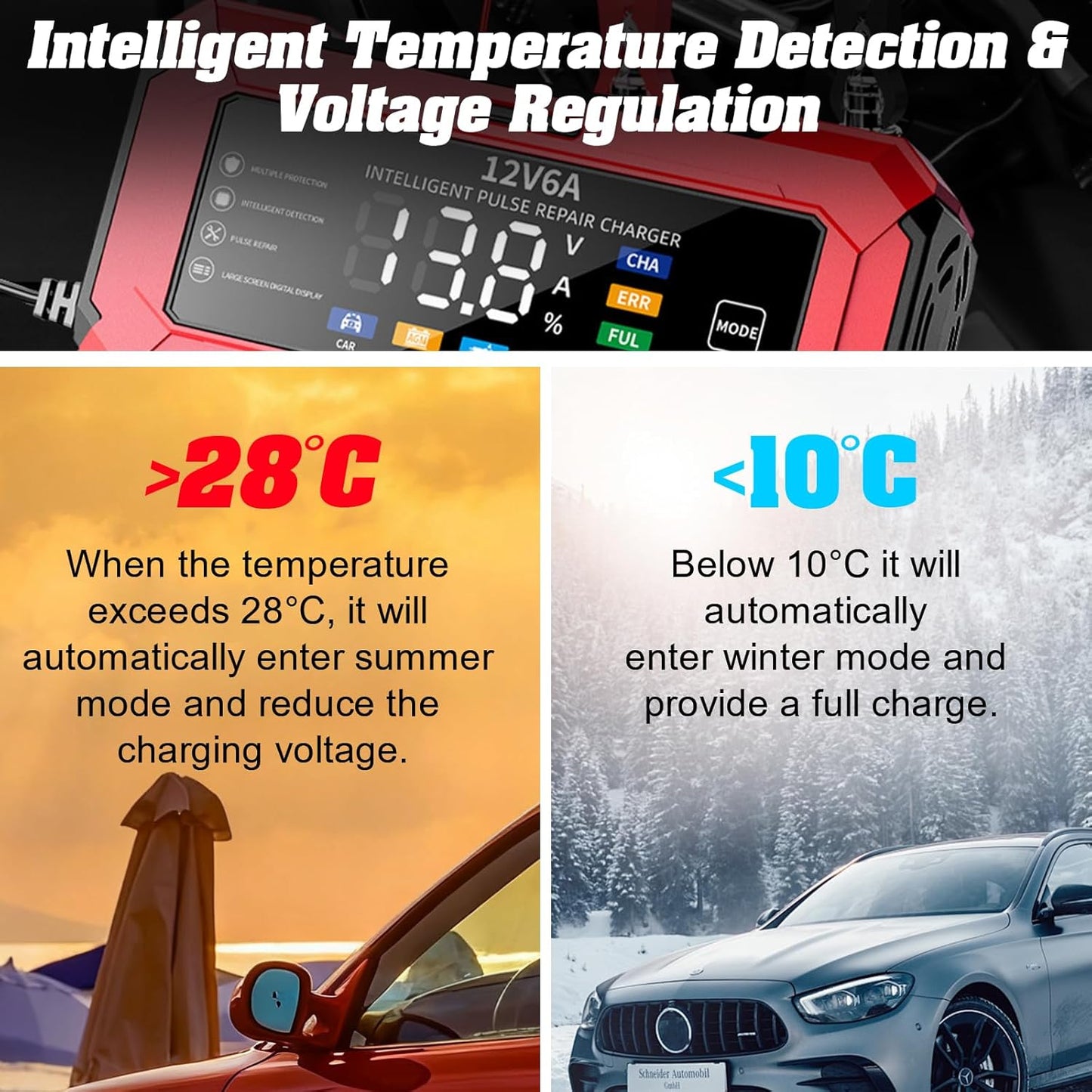 Smart Car Battery Charger 12V 6A , Portable Trickle Charger and Maintainer with Full Protection & Fan Cooling Design for Automotive, Motorcycle, Motorbike, AGM, LiFePO4, Start-Stop Batteries