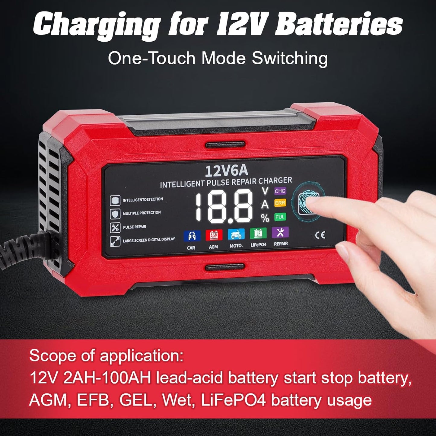 Smart Car Battery Charger 12V 6A , Portable Trickle Charger and Maintainer with Full Protection & Fan Cooling Design for Automotive, Motorcycle, Motorbike, AGM, LiFePO4, Start-Stop Batteries