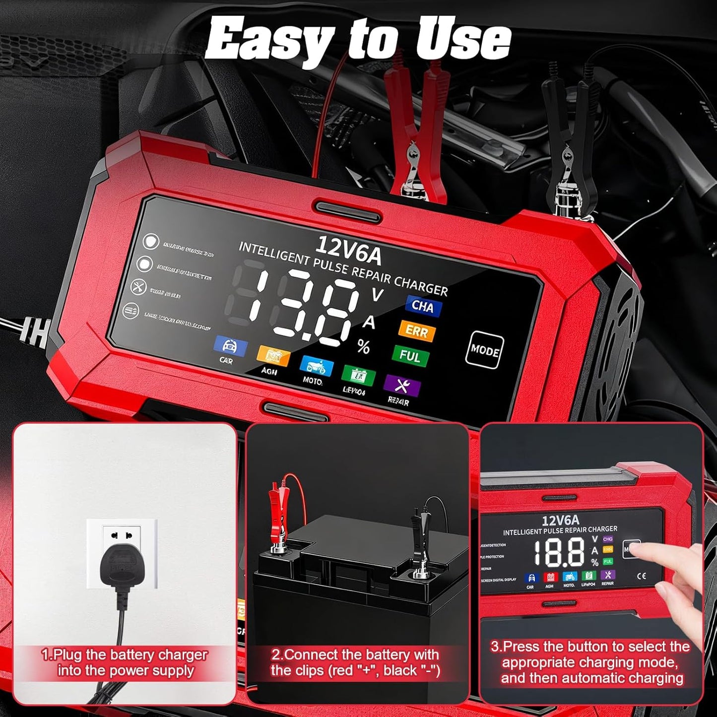 Smart Car Battery Charger 12V 6A , Portable Trickle Charger and Maintainer with Full Protection & Fan Cooling Design for Automotive, Motorcycle, Motorbike, AGM, LiFePO4, Start-Stop Batteries