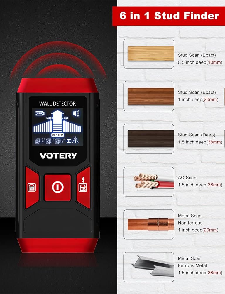 Wall Detector Scanner 6 in 1 Audible Alarm for Locating Power Lines Wooden Beams Metal Pipes