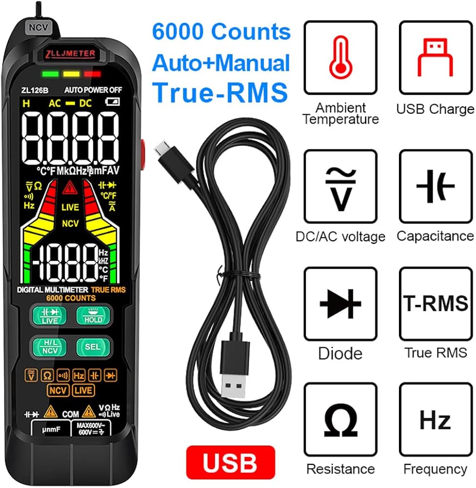 Digital Multimeter AC DC Voltage True RMS Capacitance Temp Detector Multitester