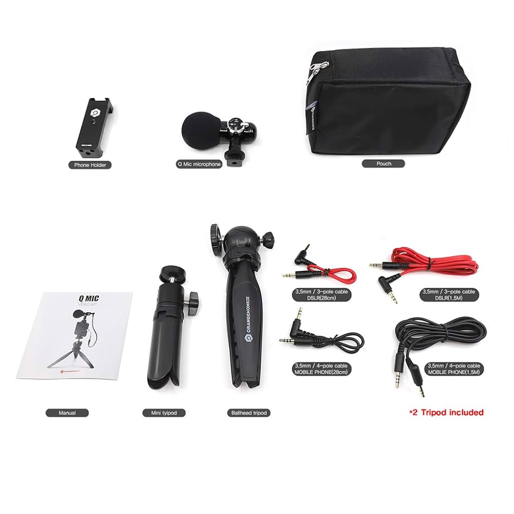 ORANGEMONKIE Q Mic Video Kit with Omni/Cardioid Microphone and Accessories for Cameras & Smartphones with 3.5mm