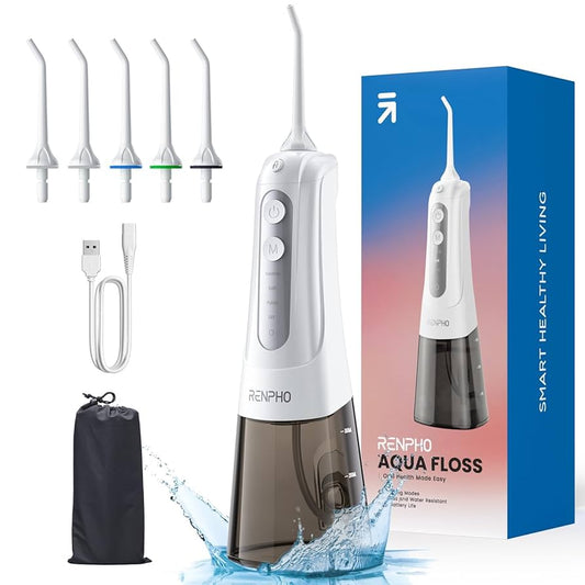 RENPHO Water Flosser for Teeth Cordless, Portable IPX7 Waterproof Oral Irrigator with 4 Modes 5 Jet Tips, 300ML Teeth Cleaner Plaque Removal Tool for Travel Home Cleaning, USB Rechargeable