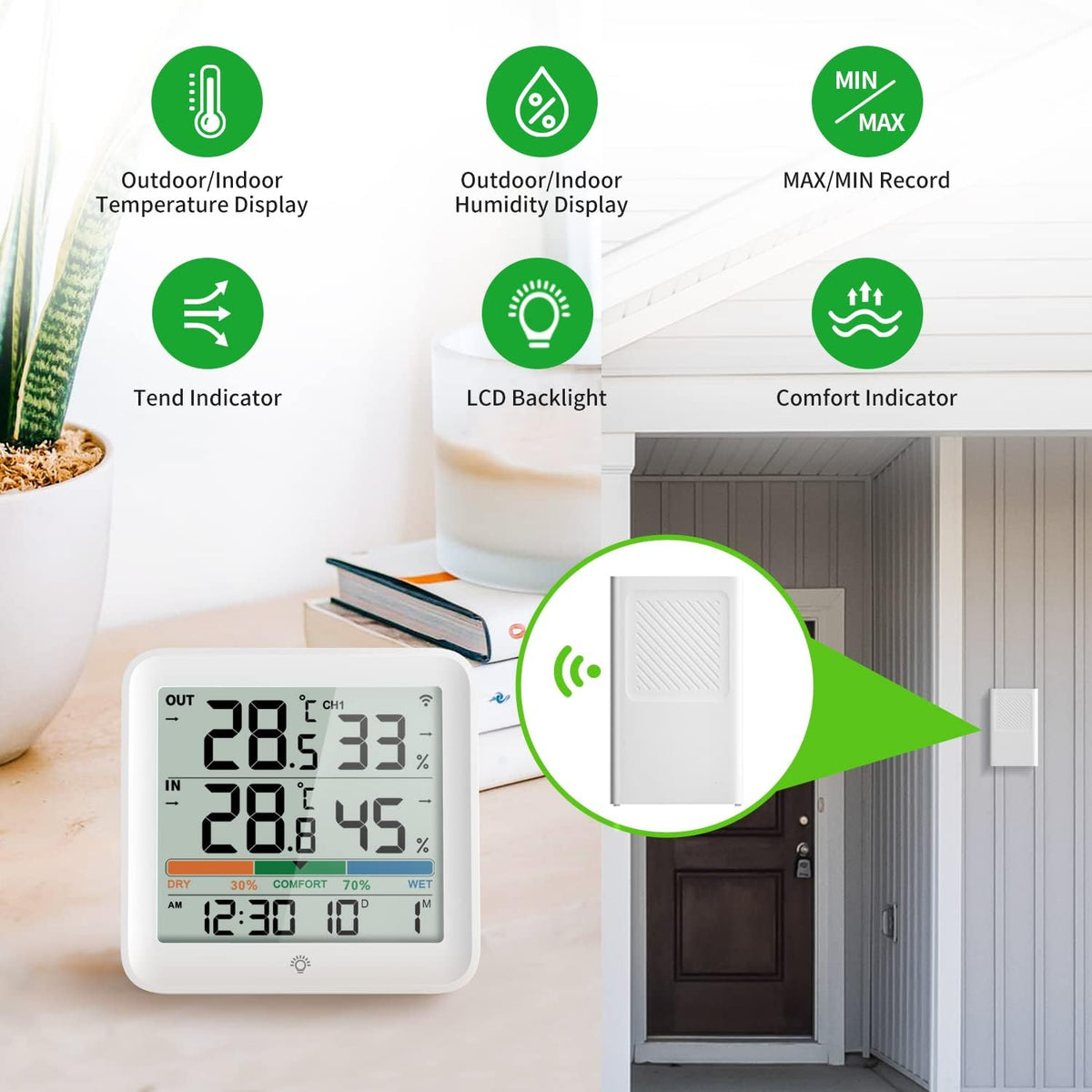 VOCOO Wireless Thermometer Indoor Outdoor Hygrometer with Sensor