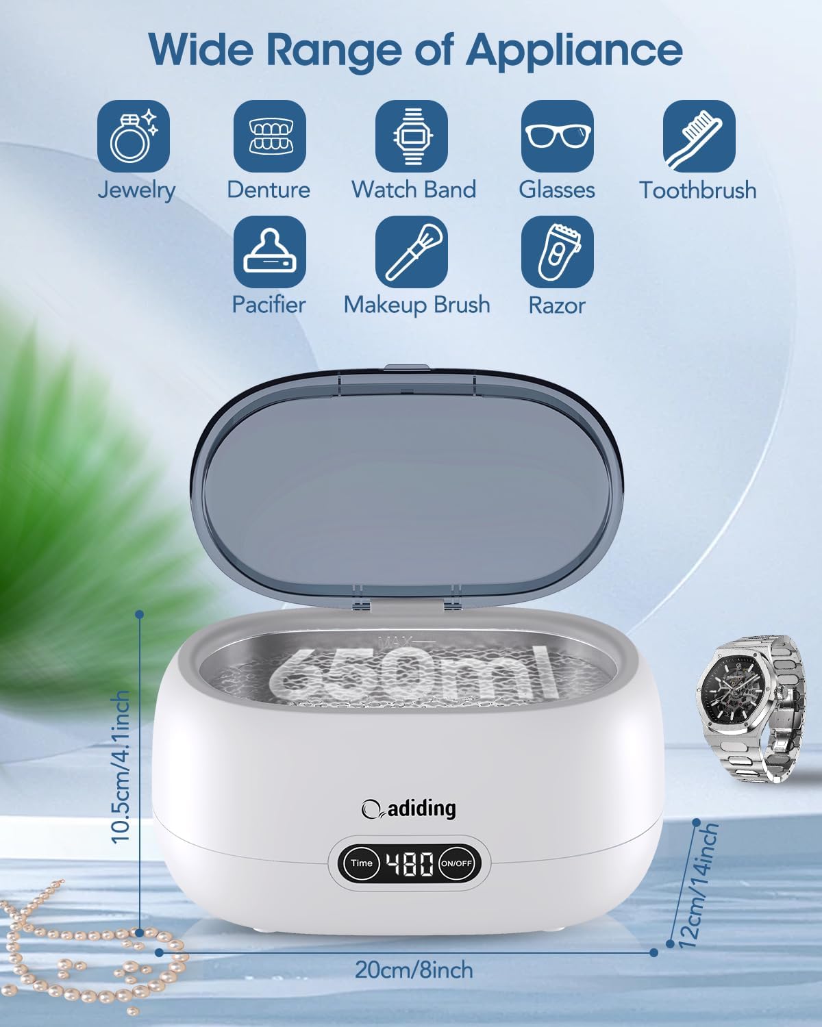 Adiding Jewelry Cleaning Machine, 650mL Ultrasonic Glasses Rings