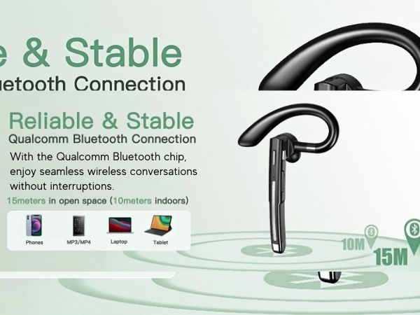 Business BT-YYK-520 Bluetooth 5.0 Headset with Mic, Wireless Ear-Hook Earphone, Mono Boom Mic, Hands-Free Noise-Cancelling, 500mAh Charging Case, Universal Fit,