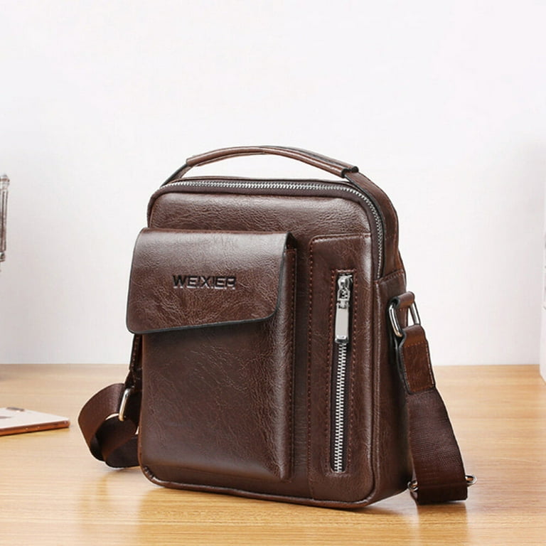 Men Shoulder Bag PU Leather Wear-resisting Zipper Messenger Bag Crossbody Bag for Business and Casual - Large Size (Brown)