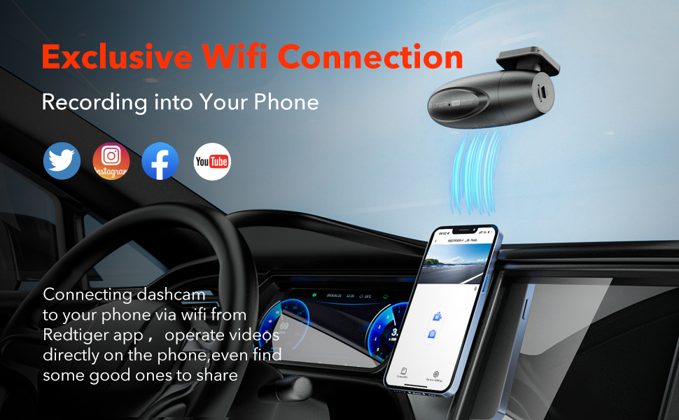 REDTIGER Dash Cam Front WiFi F5,1080P Full HD,Smart Dash Camera for Cars,360 Degree Rotation,APP Control,Loop Recording,G-Sensor,Night Vision,Parking Mode